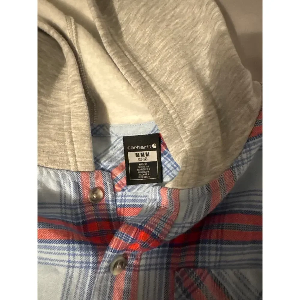 Carhartt Jacket Boys Med‎ Blue Red Plaid Flannel Hooded Shacket Button Up Kids